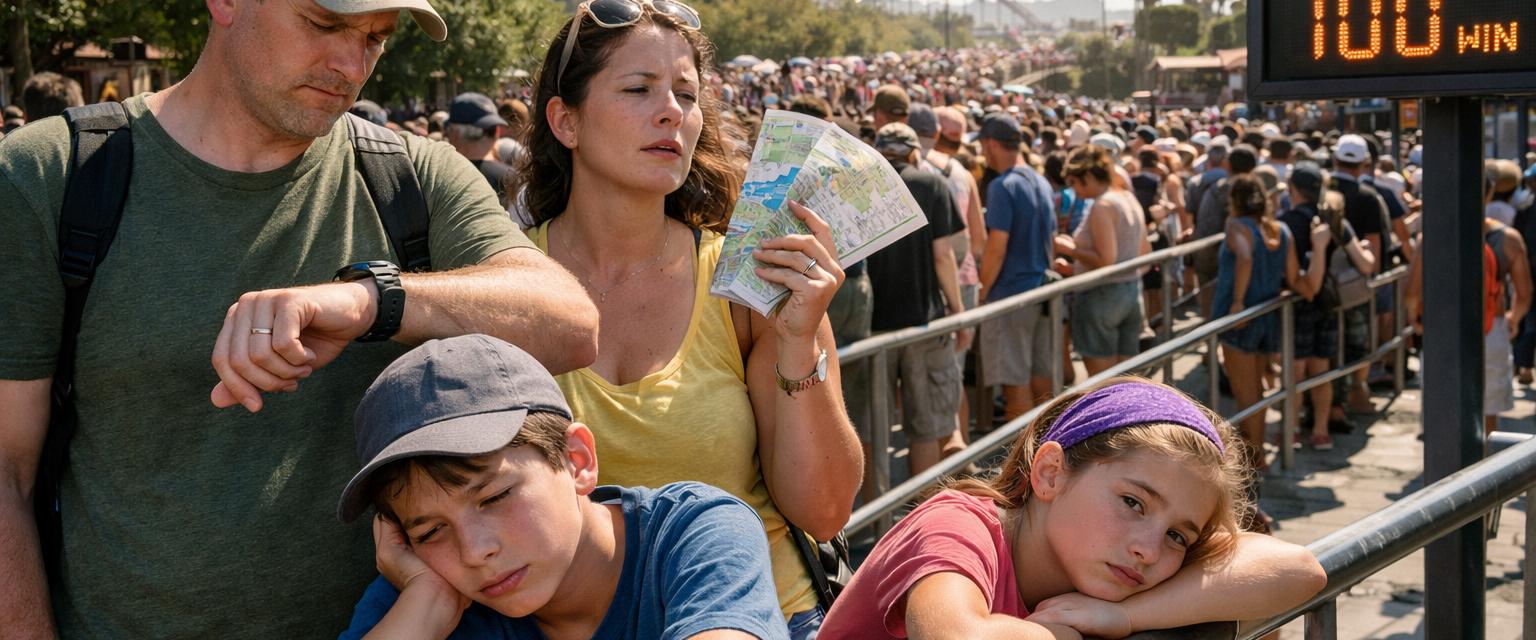 Families waiting in long queues at PortAventura during summer